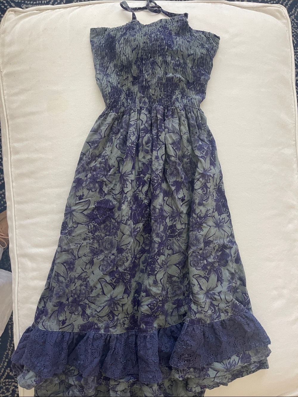YO BABY Girls' Navy size 3/4 Floral Smocked Sundress with Lace Trim